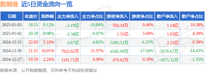 异动快报：数据港（603881）1月3日14点4分触及跌停板